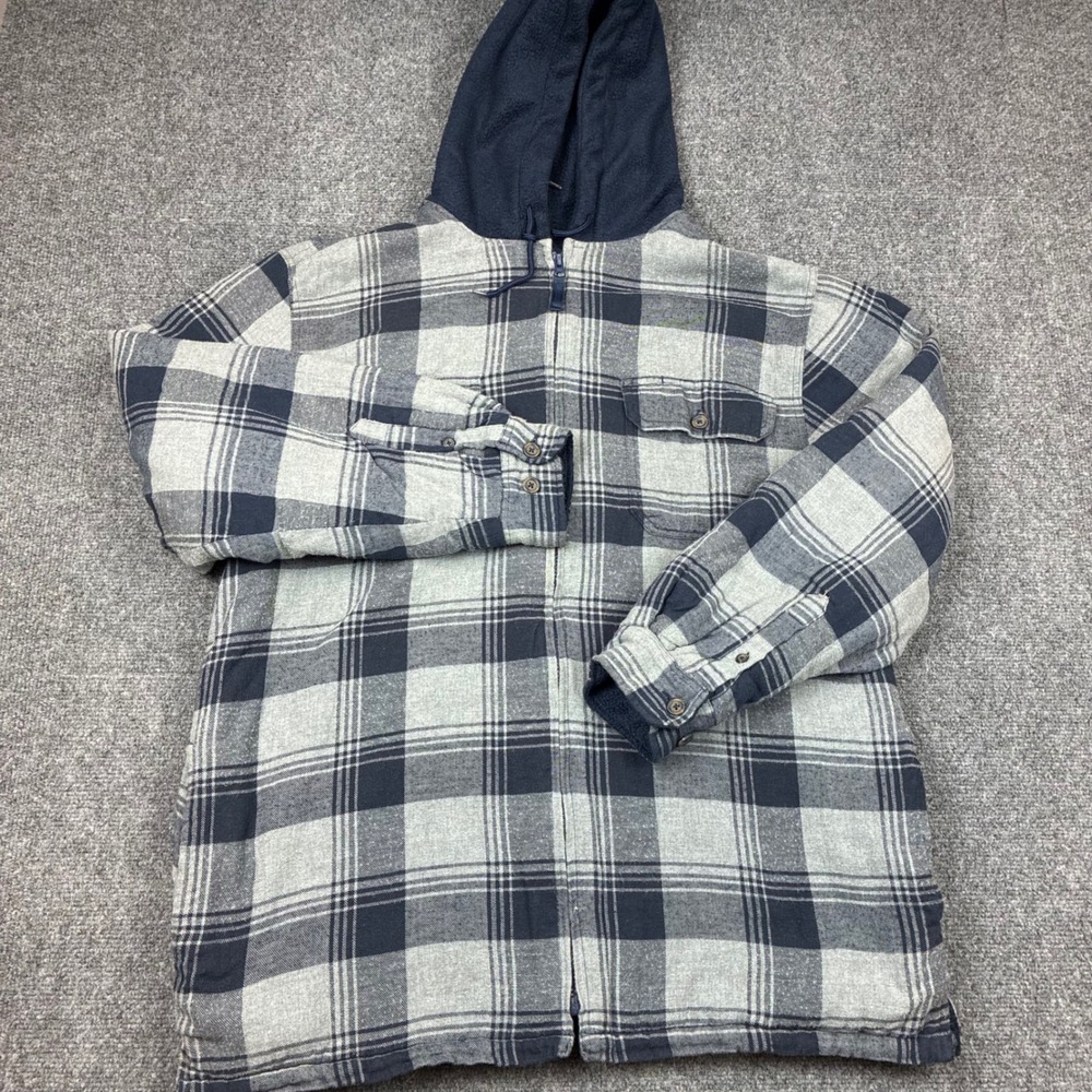 Puritan Mens Size Large Gray Navy Blue Plaid Hooded Flannel Zip Up Shirt Jacket